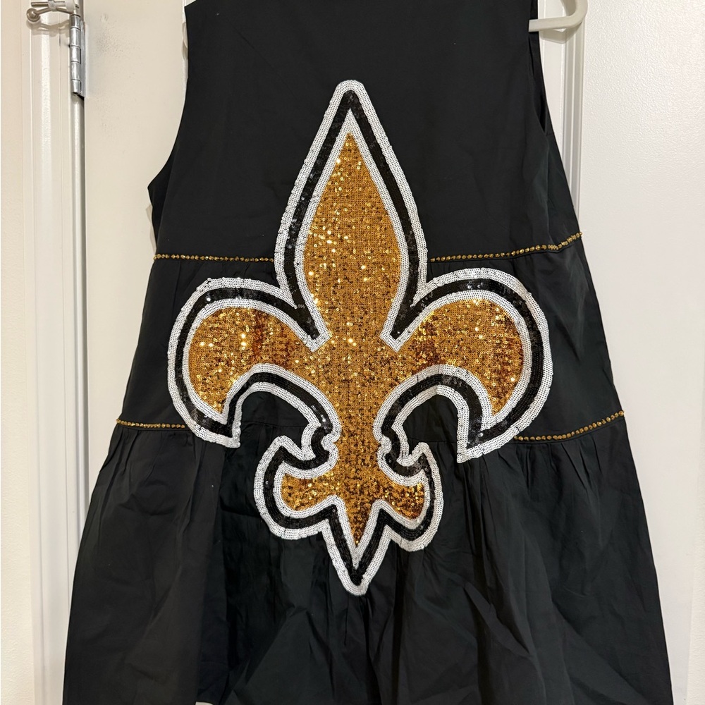QUEEN OF SPARKLES Black Dress with Gold Fleur-de-Lis